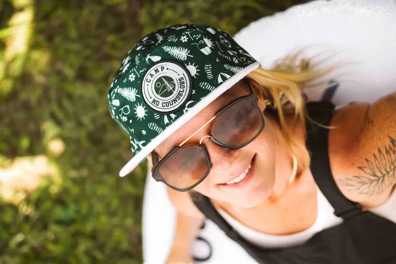 Camp No Counselors Custom 5 Panel Camper Hat Green and White Woven Patch by Anthem Branding 2 1