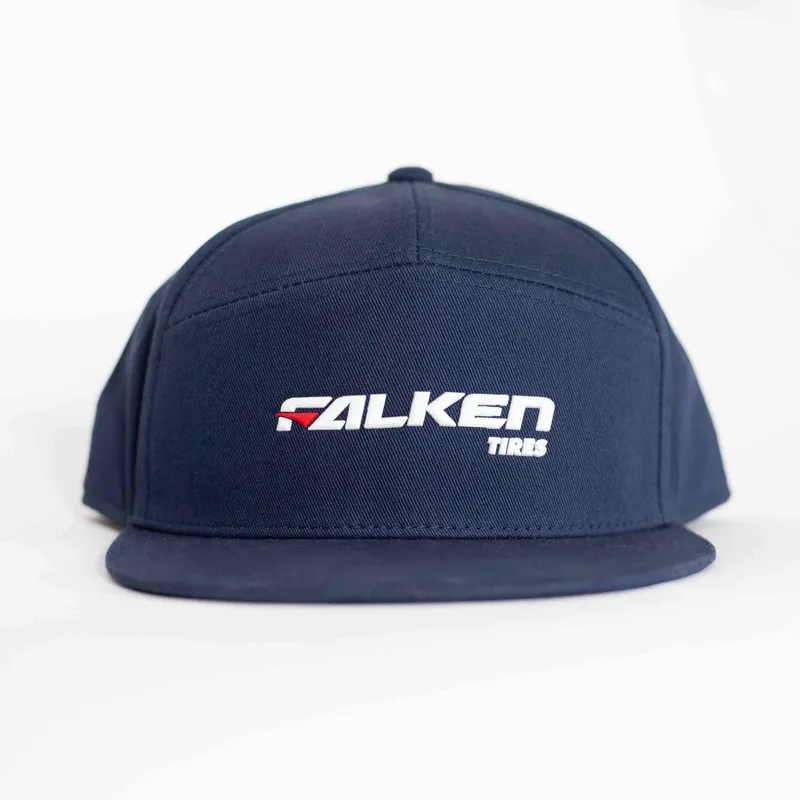Falken Tires Blue Flat Embroidery Woven Interior Label Printed Interior Taping Custom 7 Panel Hat by Anthem Branding 2