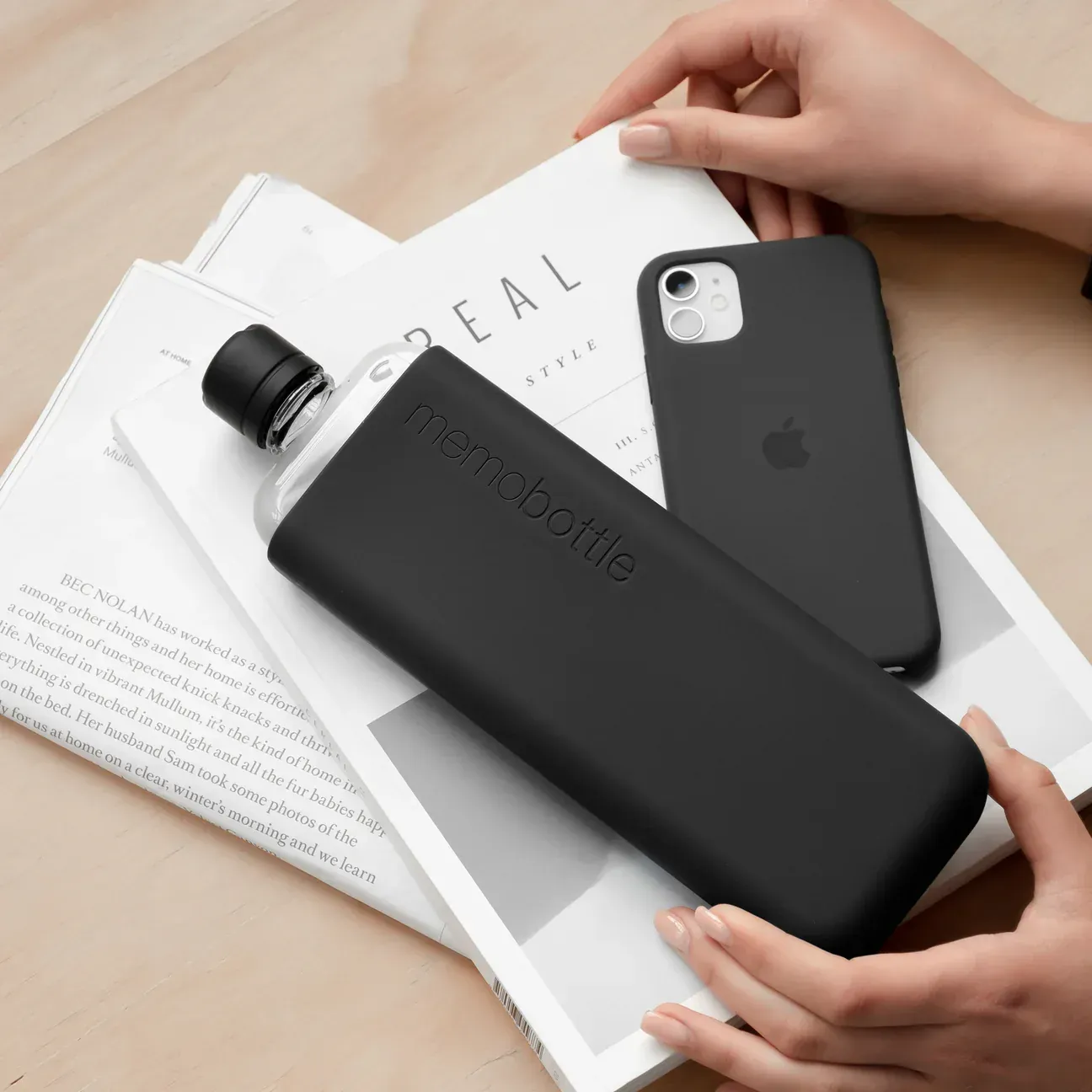 Memobottle SLIM silicone sleeve black ink by anthem branding